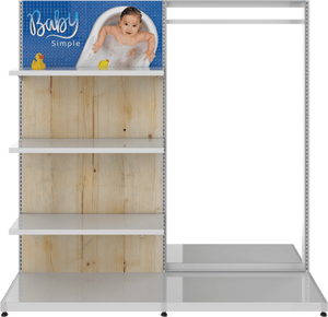 MODIFY Double Sided Display Stand with Shelving and Hanging Apparel - 74"W x 72"H- Product Display with Graphics