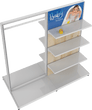 Load image into Gallery viewer, MODIFY Double Sided Display Stand with Shelving and Hanging Apparel - 74&quot;W x 72&quot;H- Product Display with Graphics