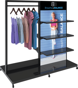 MODIFY Double Sided Display Stand with Shelving and Hanging Apparel - 74"W x 72"H- Product Display with Graphics