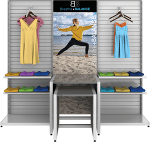 MODIFY Two Slatwall Stands - 110"W x 96"H - Product Display with Graphics
