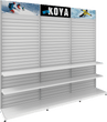 Load image into Gallery viewer, MODIFY Three Slatwall Stands - 110&quot;W x 96&quot;H - Product Display with Graphics