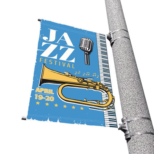Hanging banners outside.