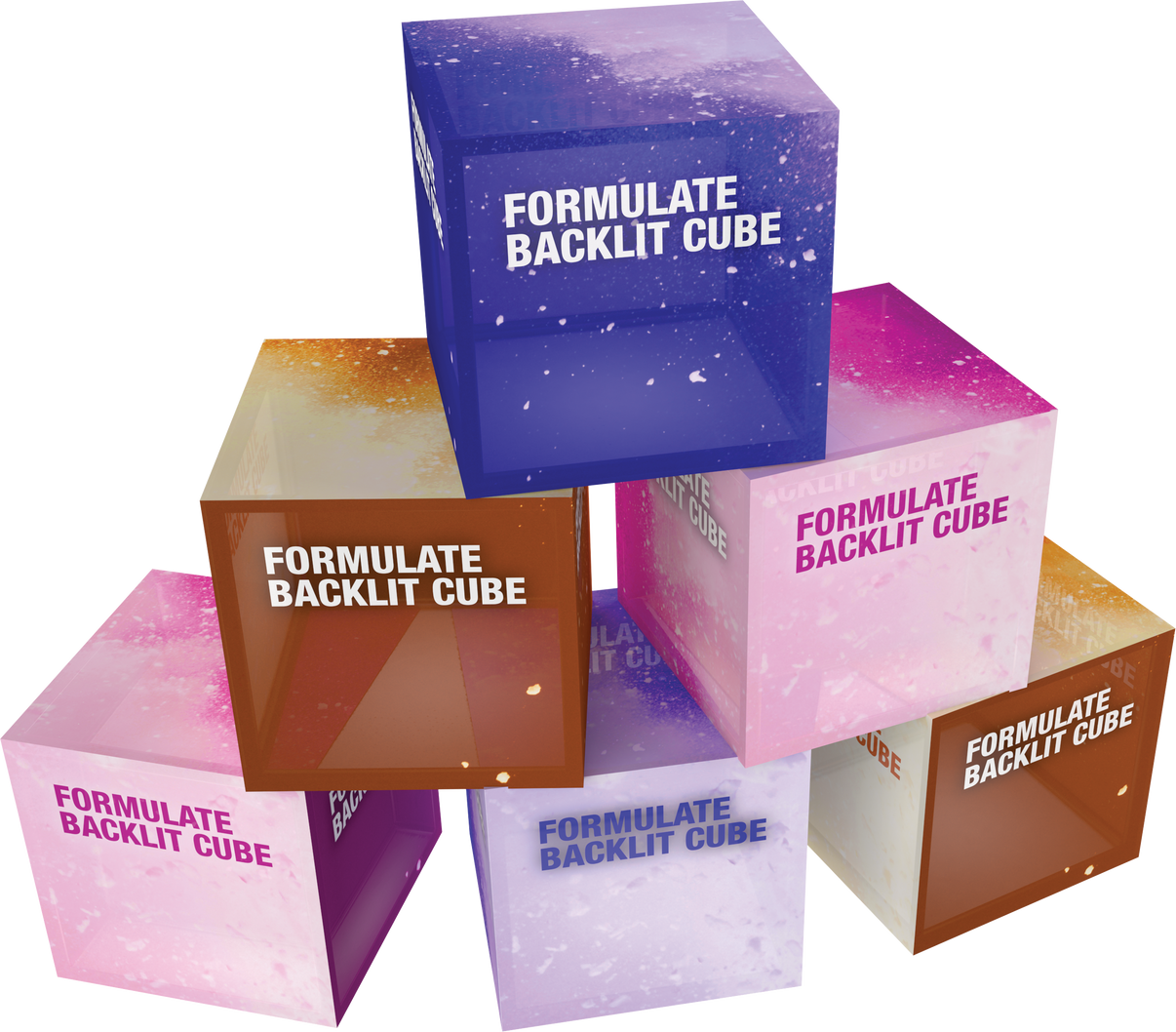 Stack of 'Formulate Backlit Cube' boxes in various colors on a white background