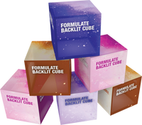 Stack of 'Formulate Backlit Cube' boxes in various colors on a white background