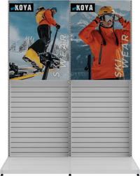MODIFY Two Double Sided Slatwall Stands - 74"W x 96"H - Product Display with Graphics