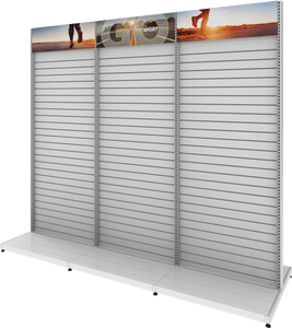 MODIFY Three Double Sided Slatwall Stand - 110"W x 96"H- Product Display with Graphics