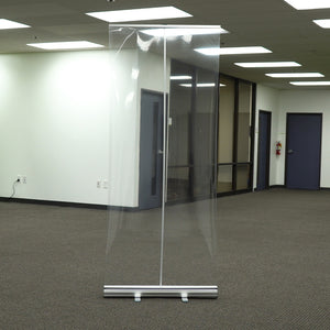 Floor Standing Sneeze Guard - 31.5" W X 80" H - Freestanding Roll Up Clear Shield
